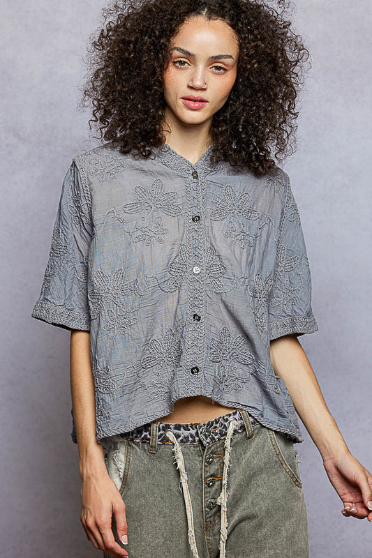Button Front Floral Stitch Cotton Hooded Shirt - HEATHER GREY One Size