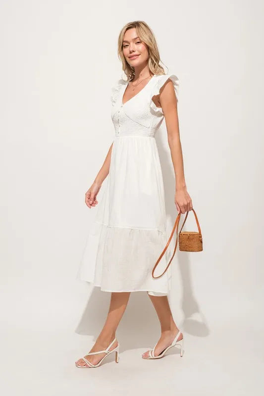 Ruffle Sleeve Front Smocked Tiered Midi Dress — Whimsical Romantic Feminine Flowing Style - Mini Dresses