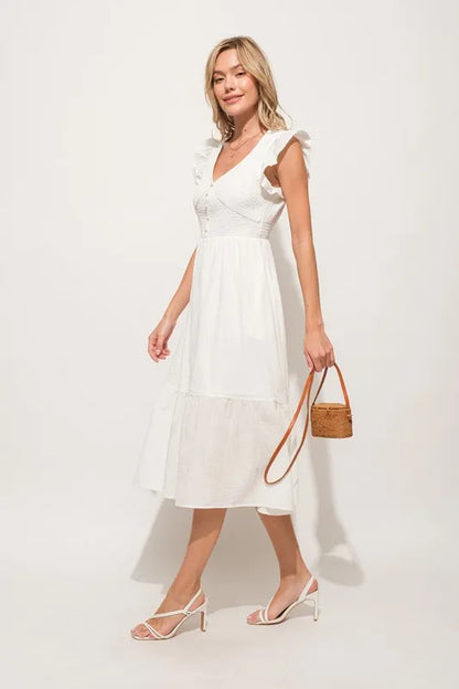 Ruffle Sleeve Front Smocked Tiered Midi Dress — Whimsical Romantic Feminine Flowing Style - Mini Dresses