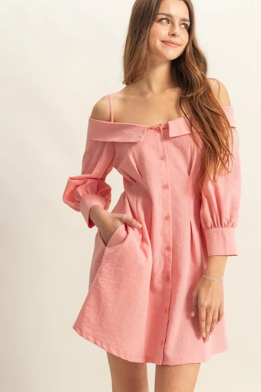 Button Down Spaghetti Strap Mini Dress With Pockets – Coral outfit idea for women | Ro + Ivy