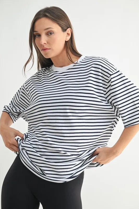 100% Cotton Coastal Striped Oversized Crewneck T-Shirt - WHITE NAVY T-Shirts