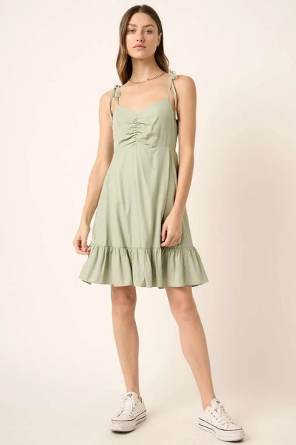 Cotton Ruched Spaghetti Strap Mini Dress - Mini Dresses