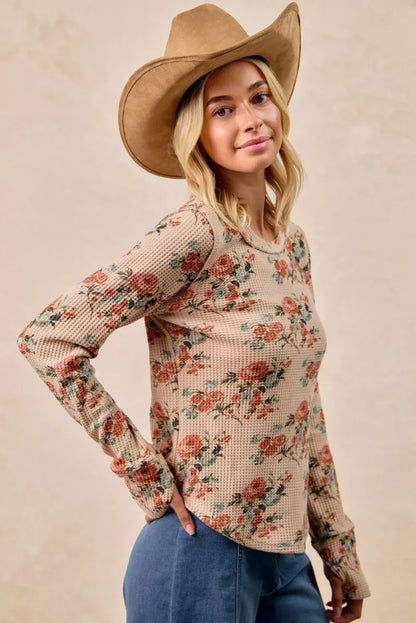 Taupe Washed Floral Long Sleeve Waffle Thermal Top with Sleeve Thumb Hole | Trendy Tops Outfit Idea for Women by Ro + Ivy | Elevated Basics, Modern Comfort & Style