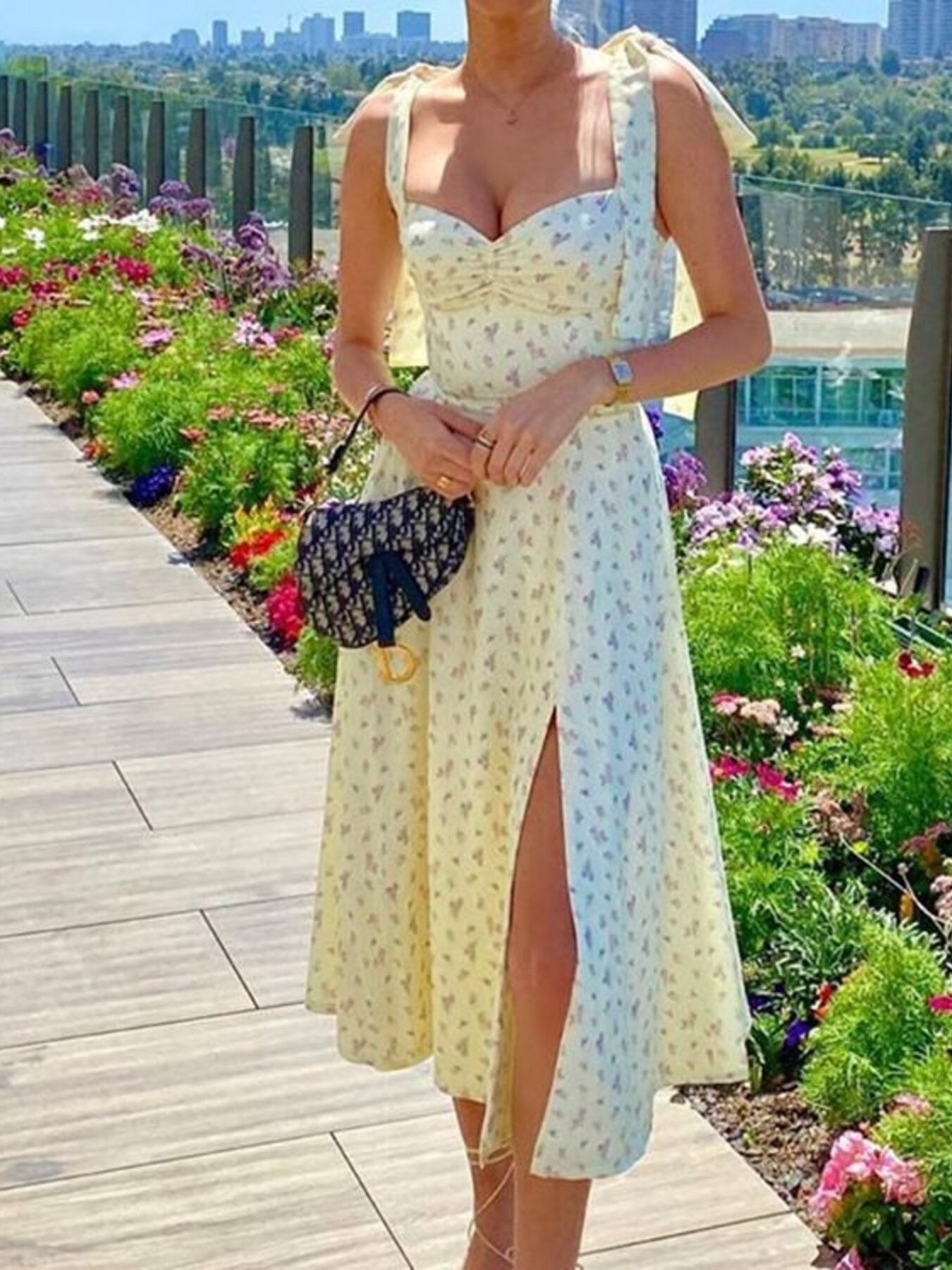 Women's Floral Print Tie Shoulder Slit Midi Dress - Midi Dresses