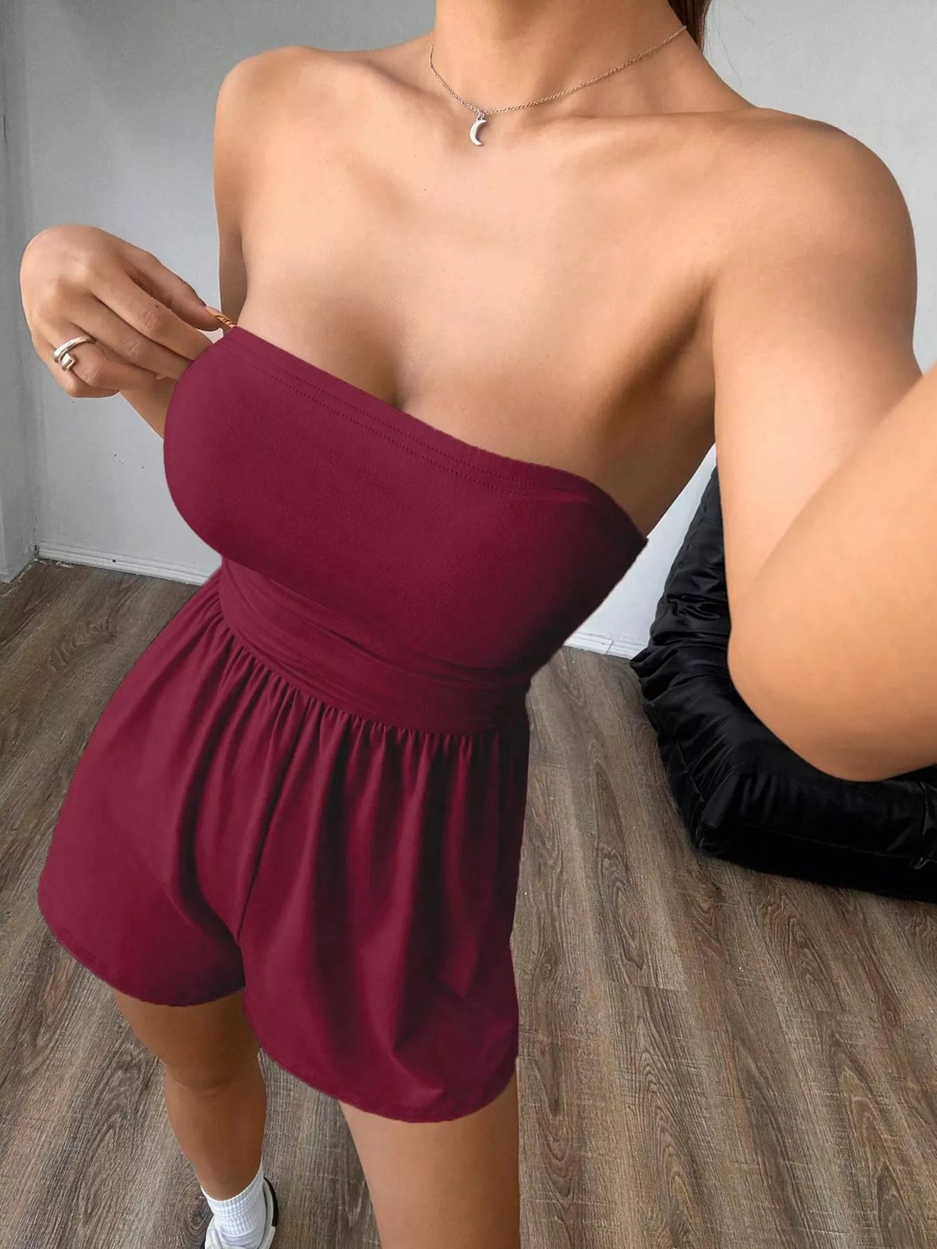 Women's Strapless Ruched Waist Romper - Rompers