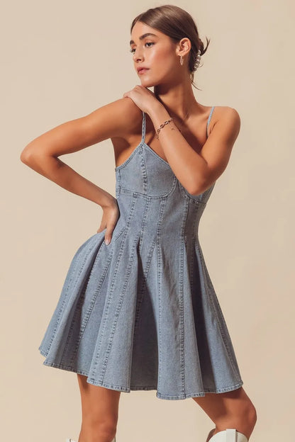A Line Fit And Flare Denim Bow Ties Mini Dress | Trendy Mini Dresses Outfit Idea for Women by Ro + Ivy | Elevated Basics, Modern Comfort & Style