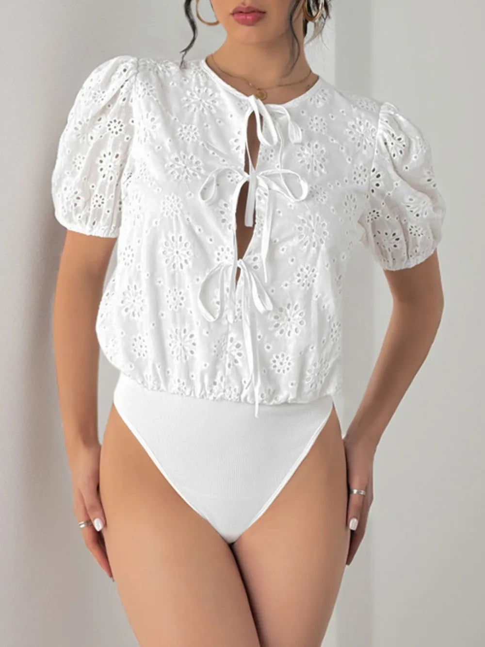 Tied Eyelet Puff Short Sleeve Bodysuit - Bodysuits