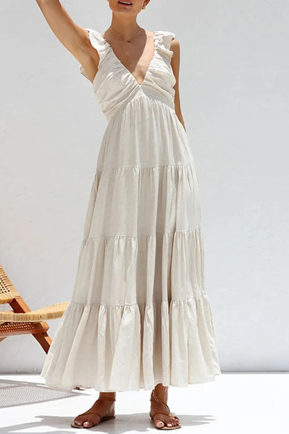Women's Ruffled V-Neck Tiered Maxi Dress - Maxi Dresses