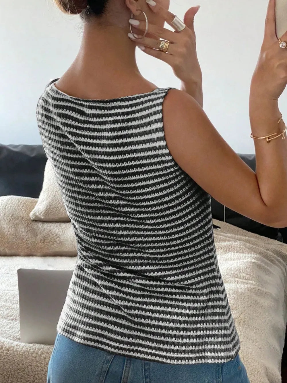 Women's Button Down Striped Tank Top - Tank Tops