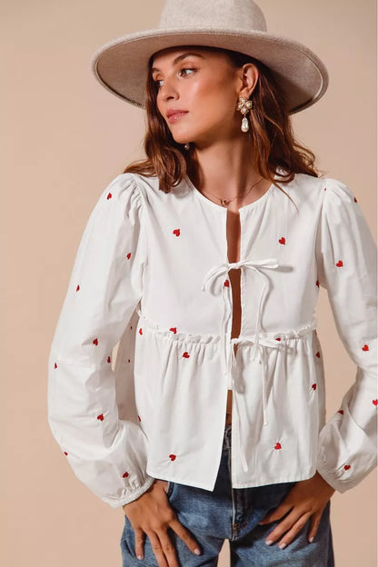 Front Tie Heart Embroidered Blouse With Puff Sleeve - Blouses