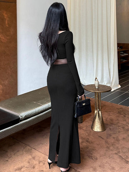 Women's Sheer Mesh Panel Long Sleeve Maxi Dress - Maxi Dresses