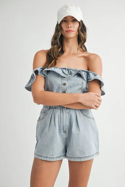 Off Shoulder Ruffle Detail Denim Romper - Rompers