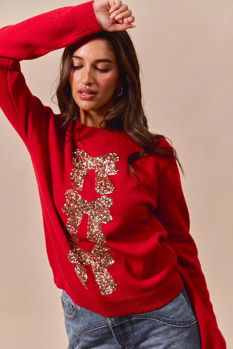 Red Sequined Bow Christmas Sweater | Trendy Sweaters Outfit Idea for Women by Ro + Ivy | Elevated Basics, Modern Comfort & Style