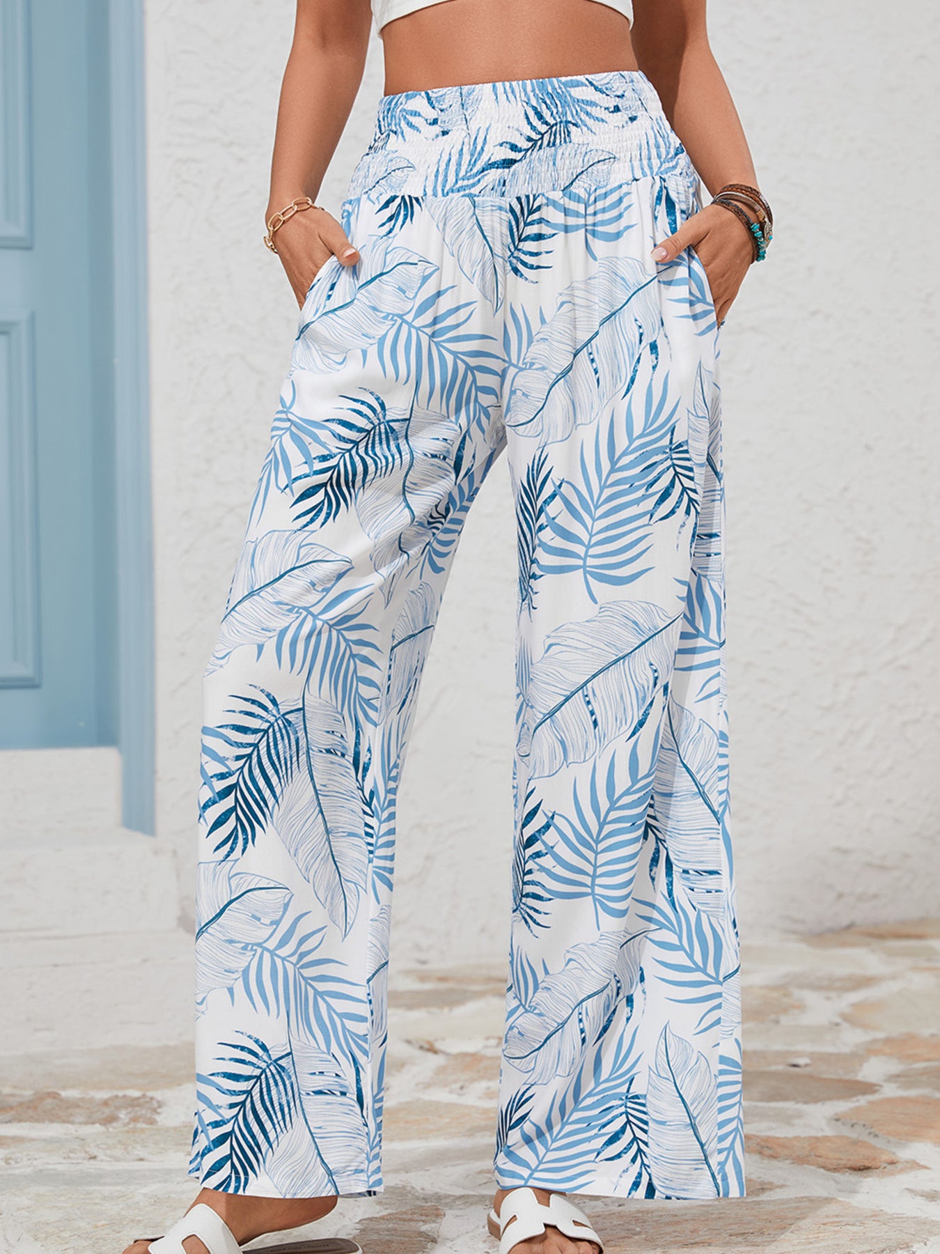 Women's Tropical Print Shirred Waistband Wide Leg Pants - Pants