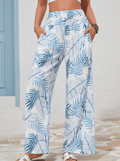 Women's Tropical Print Shirred Waistband Wide Leg Pants - Pants