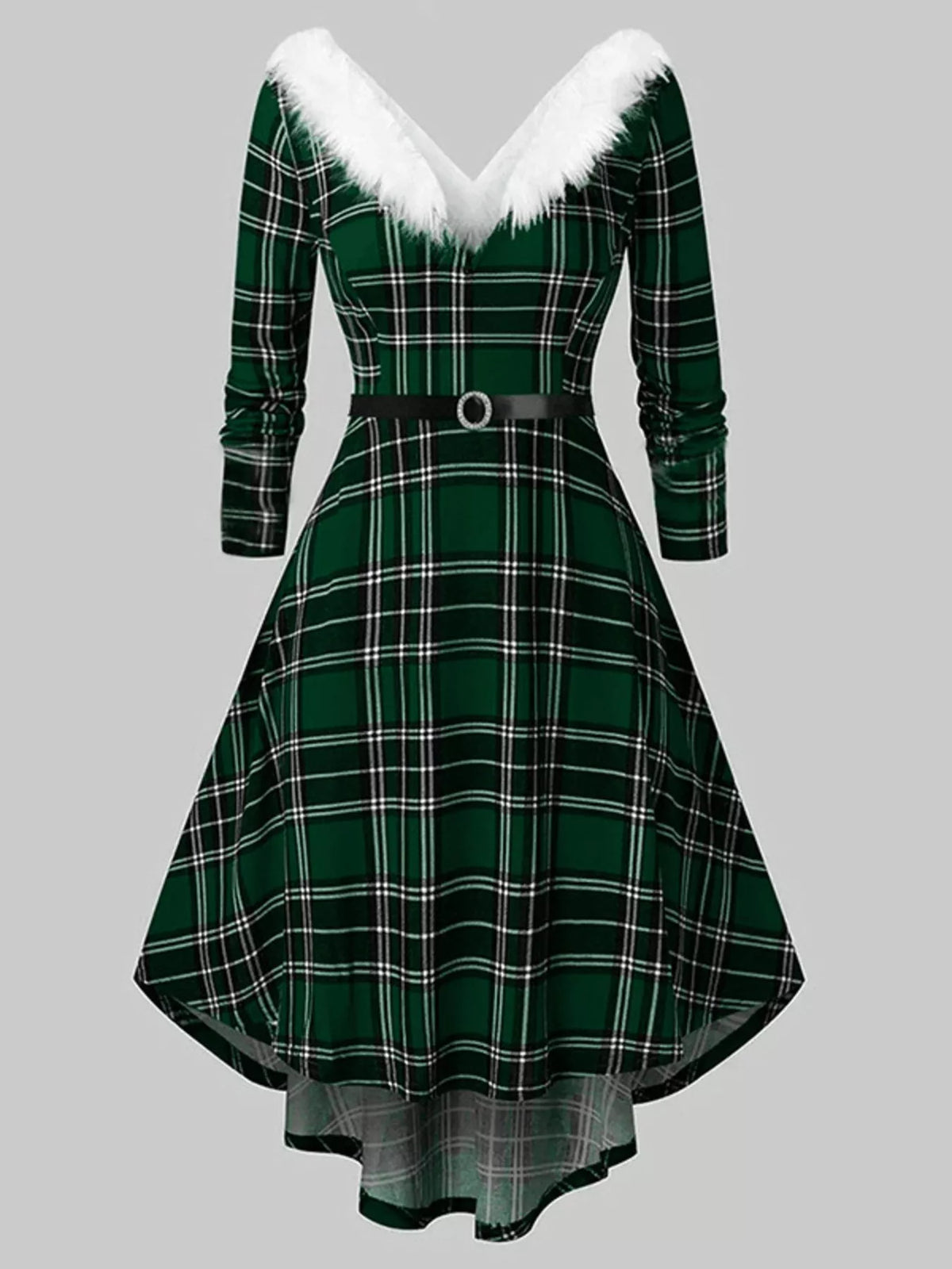 Long-Sleeve Christmas Dress with Fuzzy Trim Green Plaid 2XL