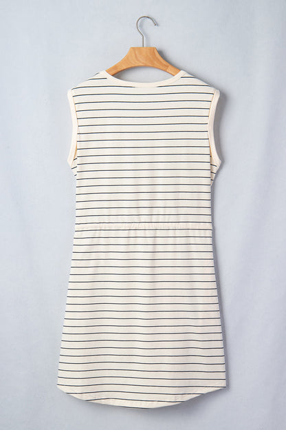Striped Drawstring Tunic Mini Dress Tank — Versatile Flattering Everyday Style - Mini Dresses
