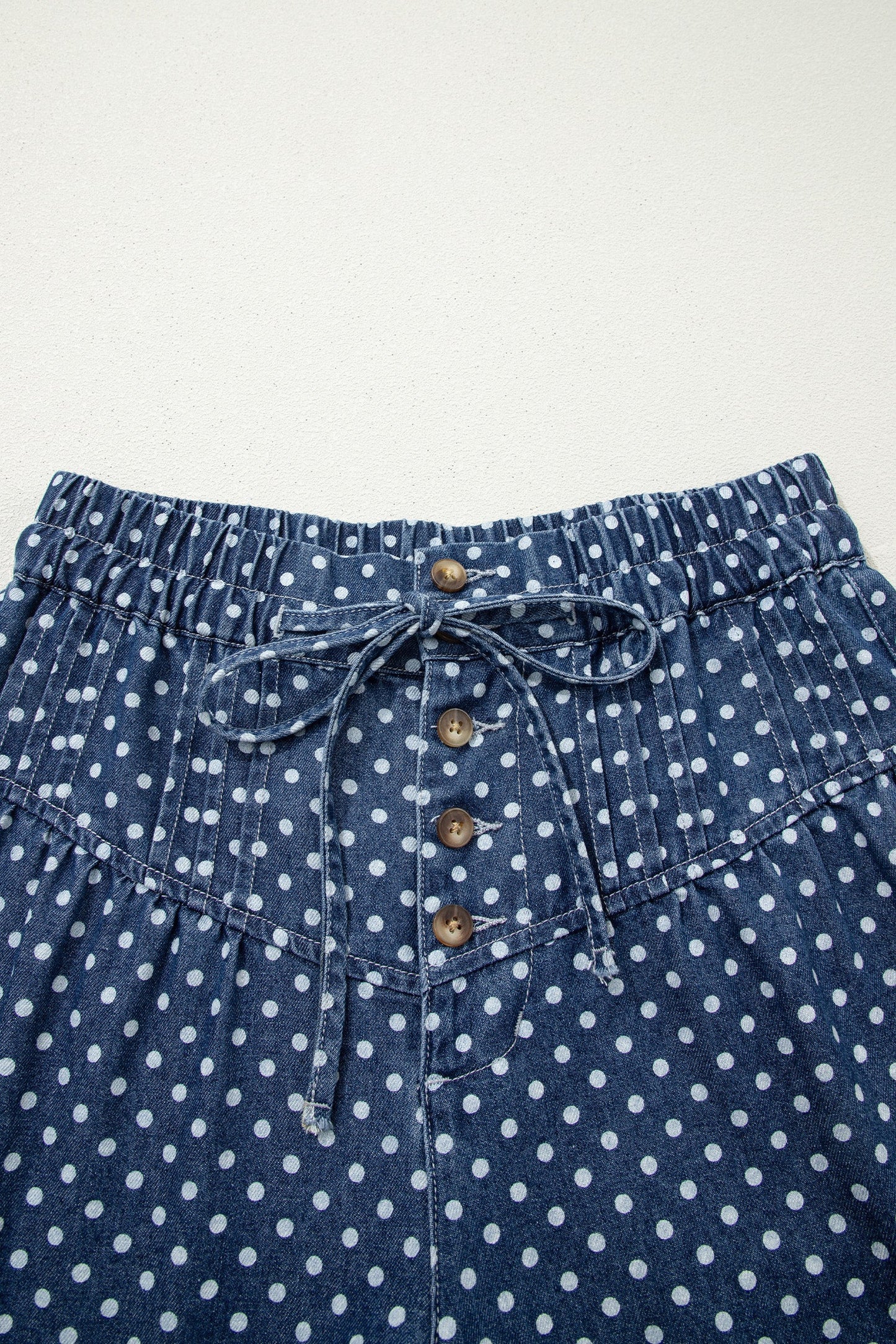 Polka Dot Button Front Pleated Wide Leg Denim Jeans — Charming Trendy Everyday Style - Bottoms/Jeans