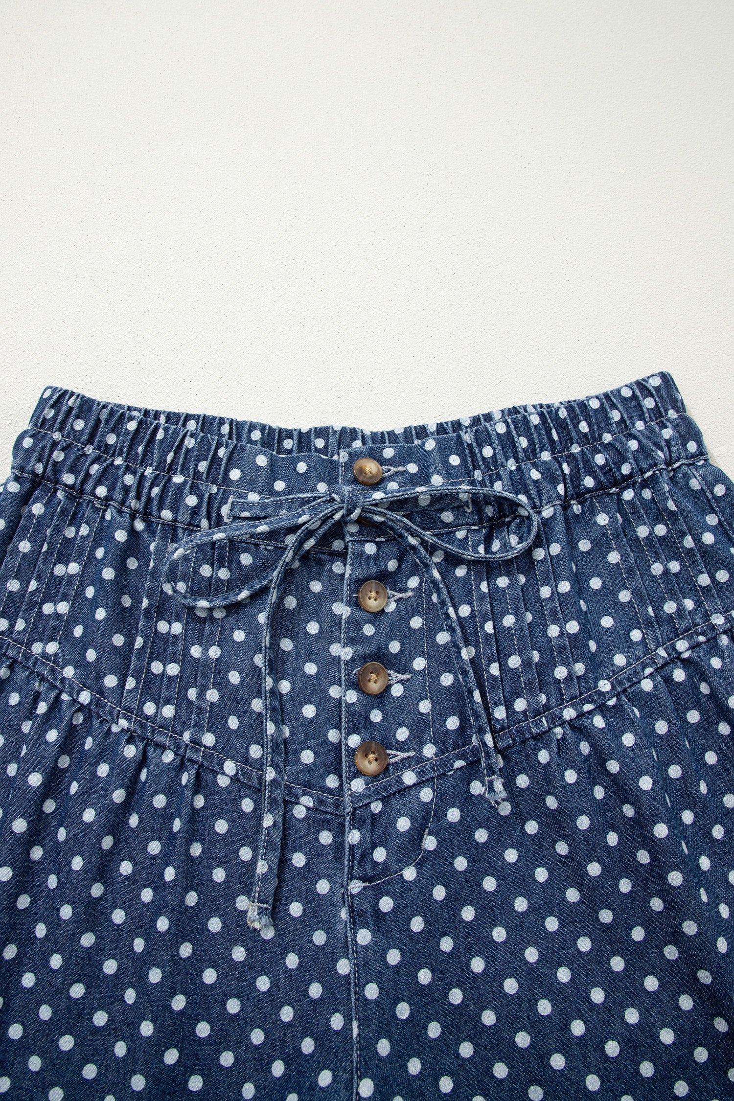 Polka Dot Button Front Pleated Wide Leg Denim Jeans — Charming Trendy Everyday Style - Bottoms/Jeans