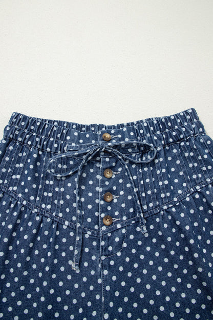 Polka Dot Button Front Pleated Wide Leg Denim Jeans — Charming Trendy Everyday Style - Bottoms/Jeans