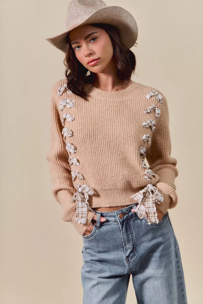 Checkered Plaid Tape Lace Up Ribbed Sweater - TAUPE Sweaters