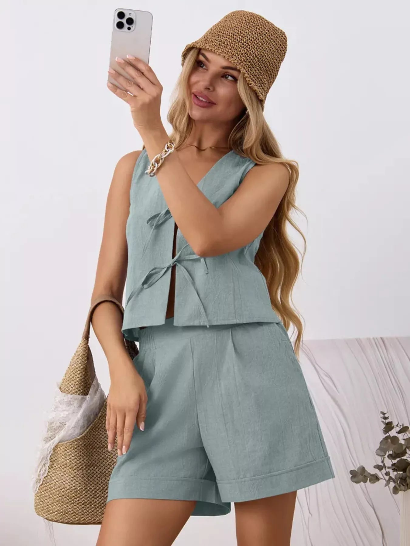 Women's Tie Front Sleeveless Top and Shorts Set - Matching Sets