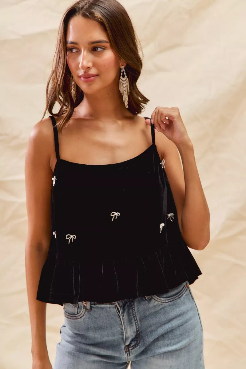 Rhinestone Ribbon Velvet Blend Spaghetti Strap Top | Trendy Tops Outfit Idea for Women by Ro + Ivy | Elevated Basics, Modern Comfort & Style