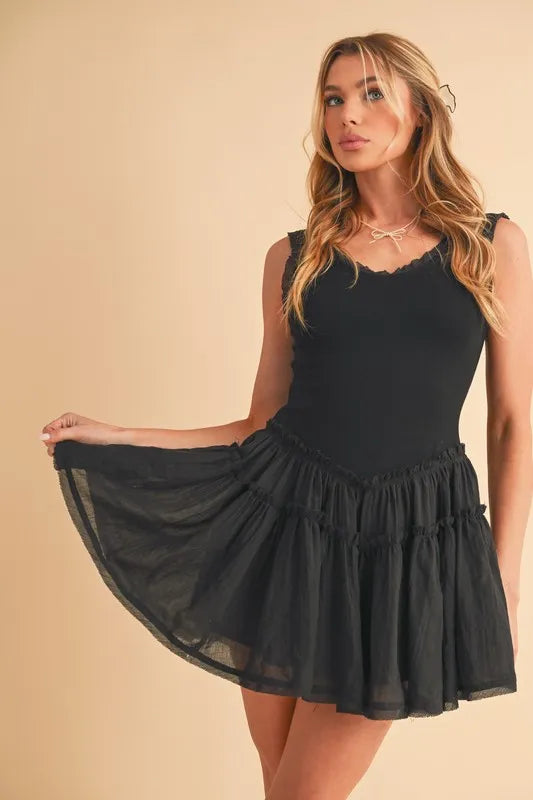 Frill Sleeveless Drop Waist Mini Dress – outfit idea for women | Ro + Ivy