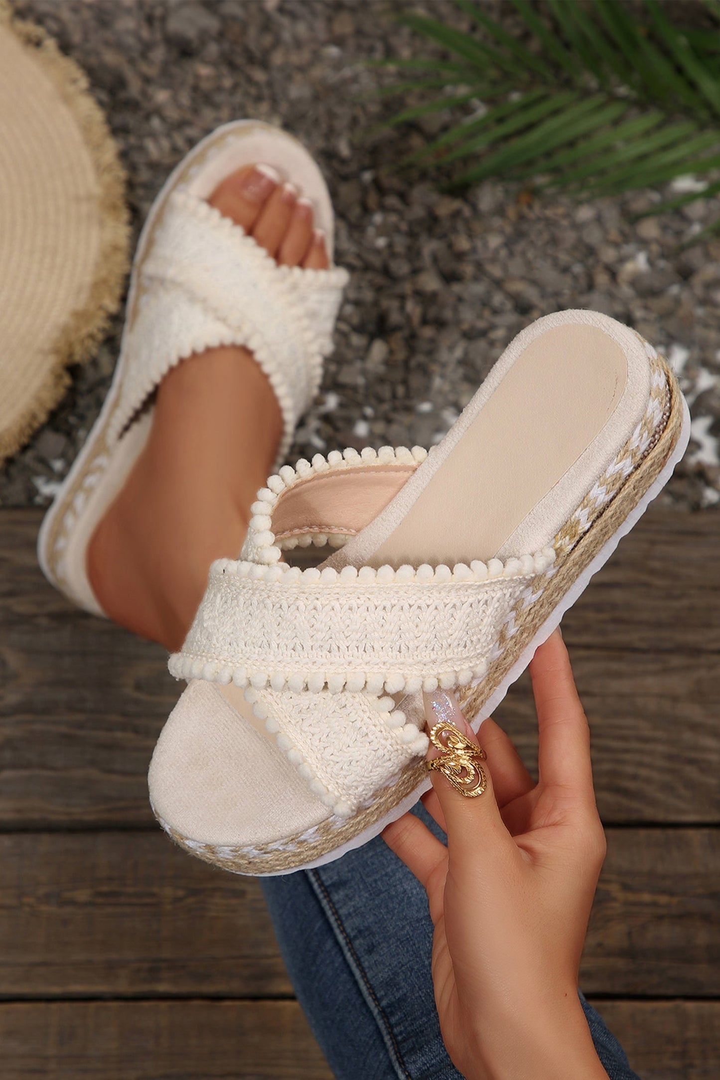 Pompom Knit Platform Slide Slippers — Chic Cozy Everyday Comfort Style - White Slippers