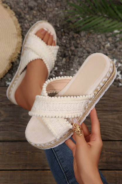 Pompom Knit Platform Slide Slippers — Chic Cozy Everyday Comfort Style - White Slippers