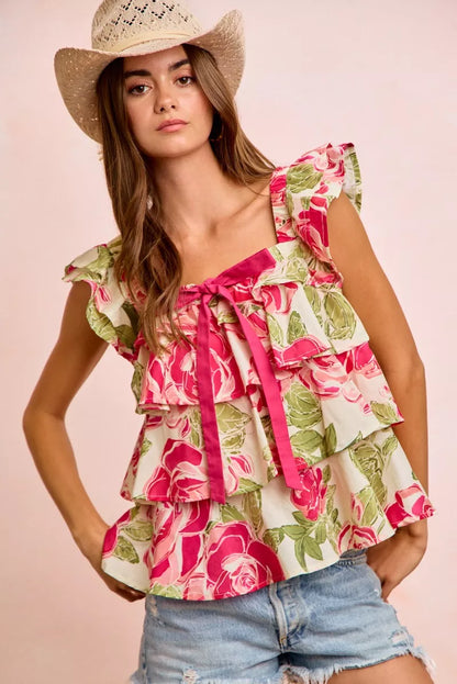 Floral Print Woven Bow Tie Ruffle Square Neck Top — Romantic Charming Feminine Everyday Style - Blouses