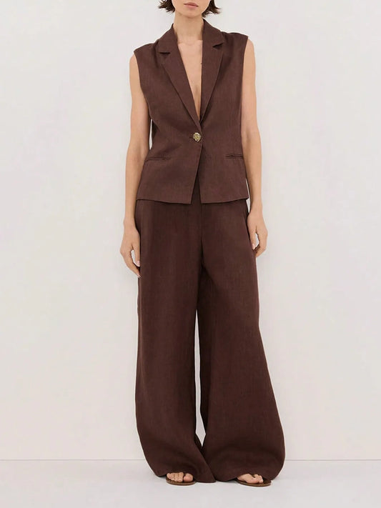 Women's One Button Sleeveless Top and Pants Set Dark Brown