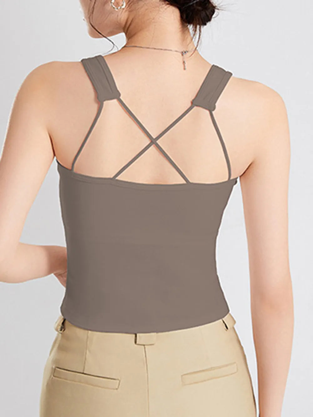 Women's Crisscross Scoop Neck Wide Strap Cropped Tank, Built-In Chest Pads - Crop Tops