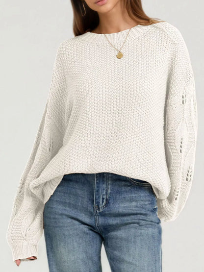 Textured Knit Openwork Sleeves Sweater Apricot
