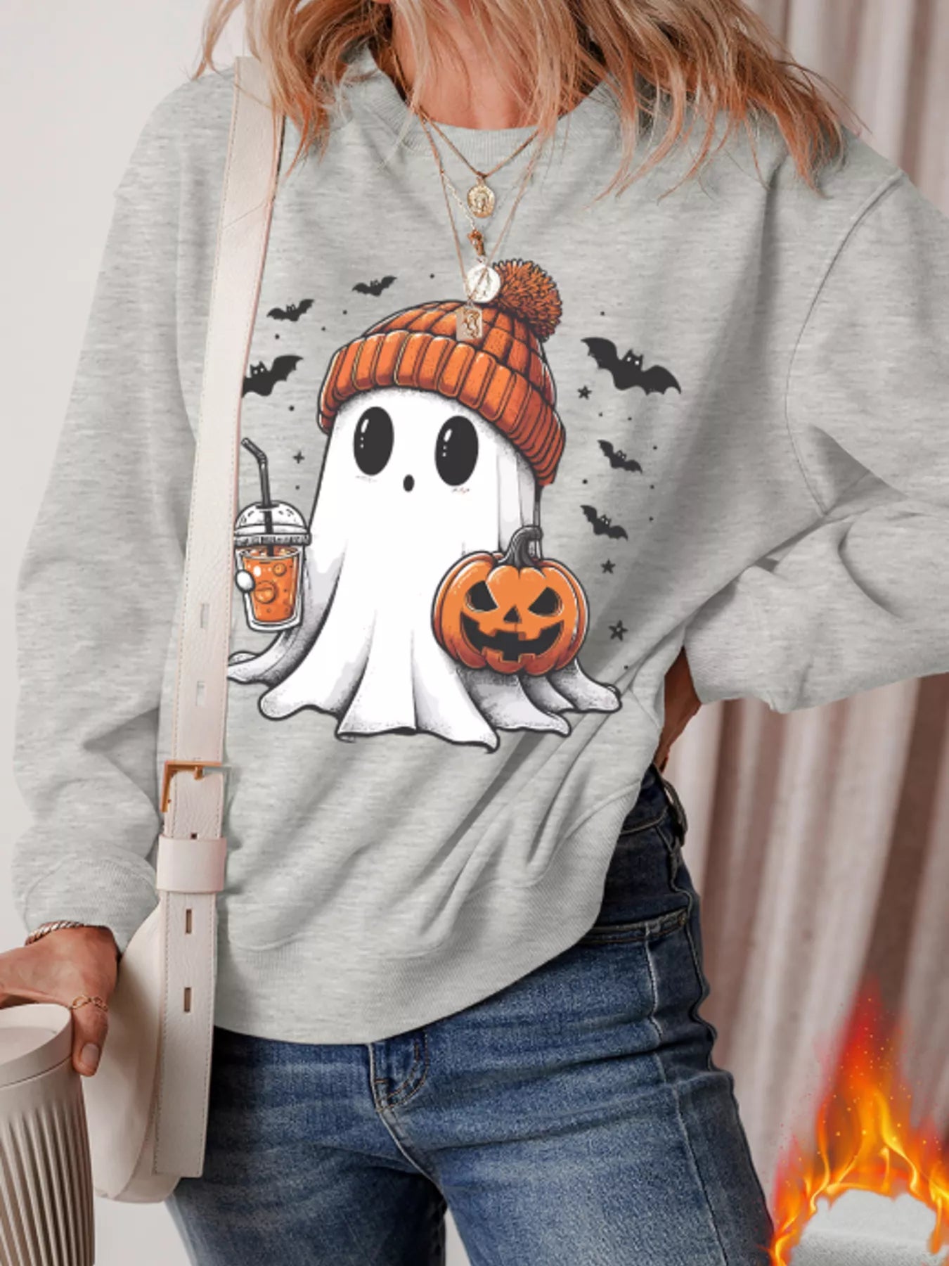 Cute Halloween Ghost Round Neck Sweatshirt Gray