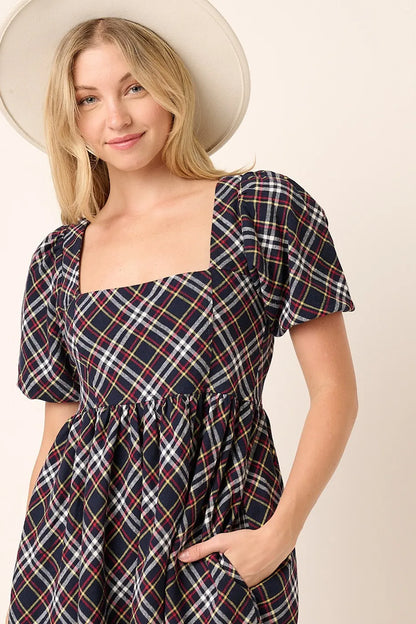 Checkered Print Puff Sleeve Babydoll Mini Dress – outfit idea for women | Ro + Ivy