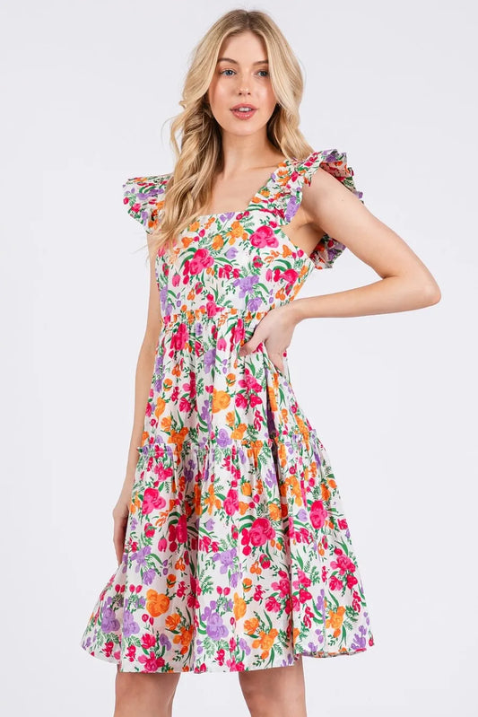 Flower Print Ruffle Shoulder A-Line Mini Dress – IVORY MULTI outfit idea for women | Ro + Ivy