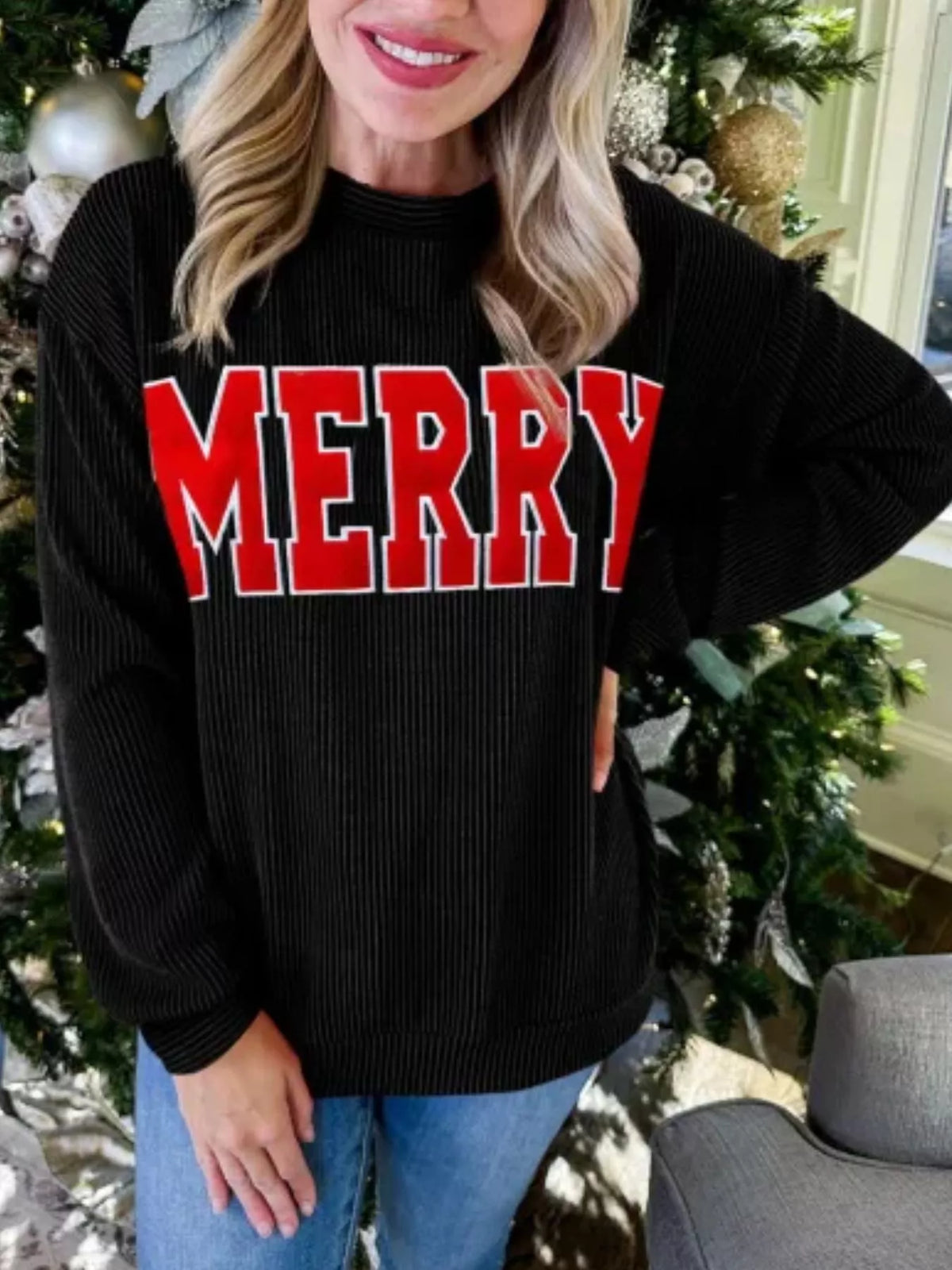Merry Christmas Round Neck Sweatshirt with Stretch Knit Fabric Black