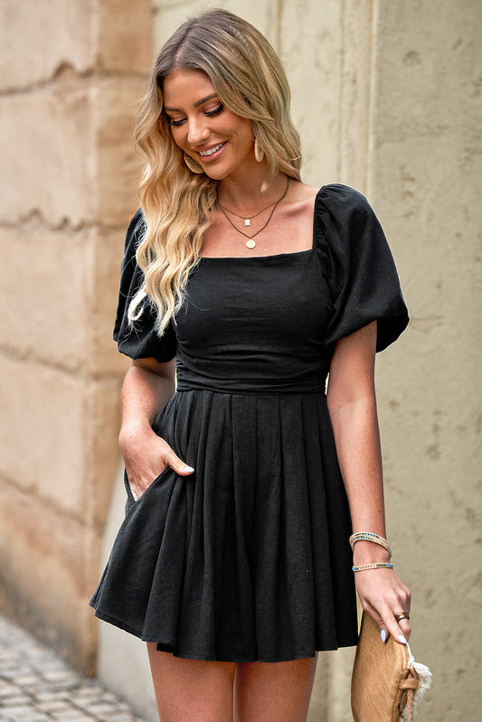Square Neck Puff Sleeve Pleated Romper With Pockets - Black Rompers