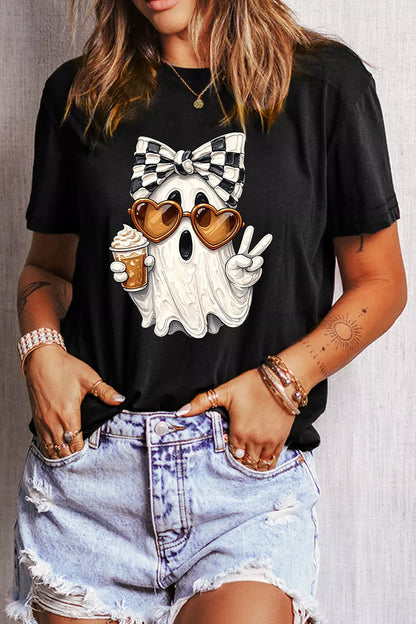 Halloween Checkered Bow Ghost Short Sleeve T-Shirt