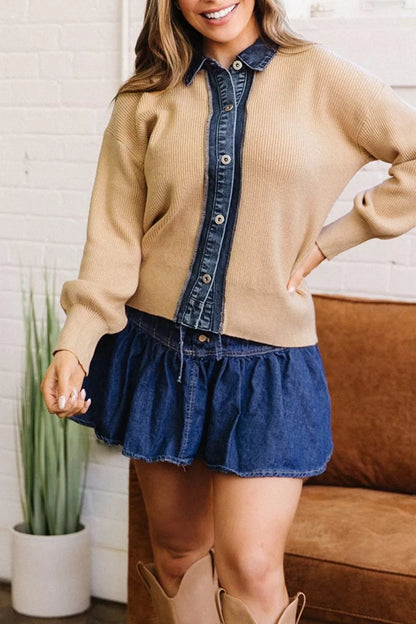 Drop Shoulder Placket Paneling Cardigan Tan