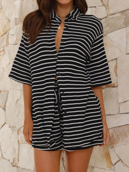 Striped Half Sleeve Top and Shorts Loungewear Set - Loungewear Sets