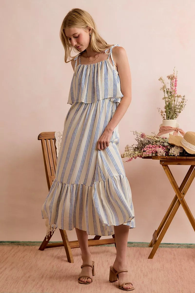 Women's Striped Tiered Shoulder Tie Midi Dress - Midi Dresses