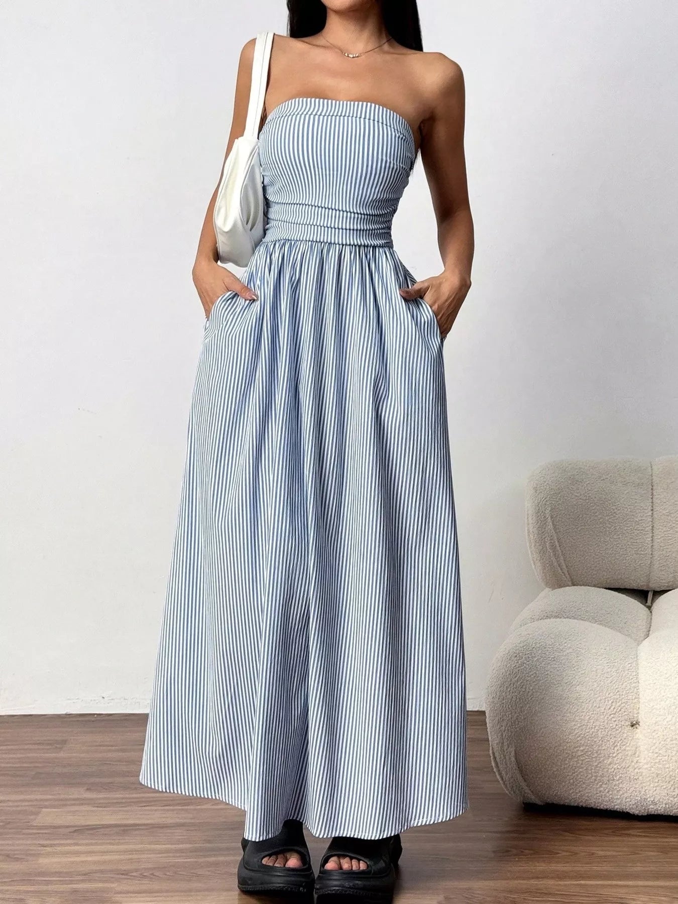 Strapless Featherweight Cotton Striped Maxi Dress - Blue Maxi Dresses