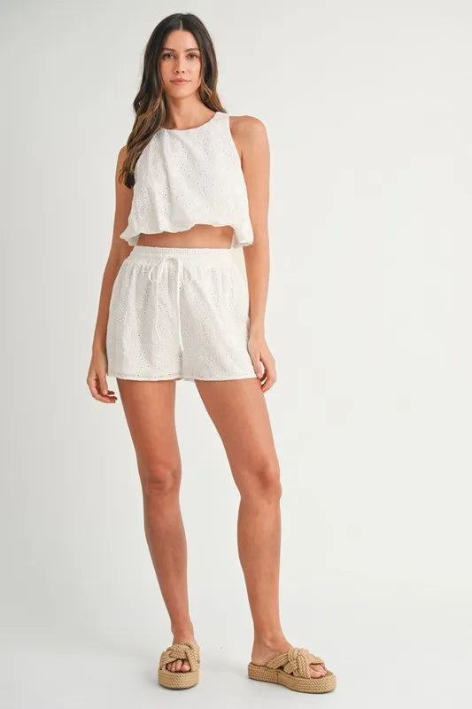 Eyelet Bubble Hem Sleeveless Top And Shorts Set – outfit idea for women | Ro + Ivy