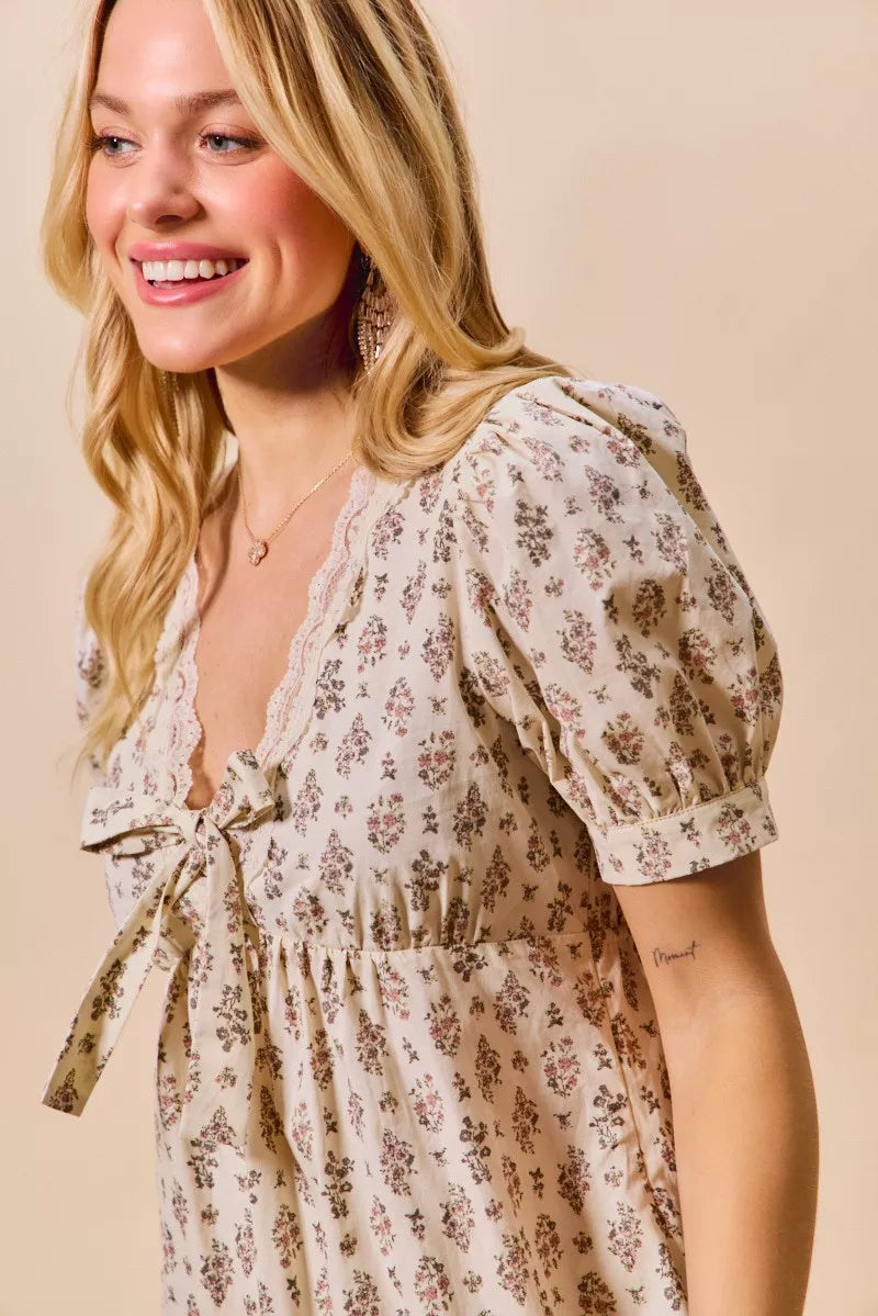 Floral Print Lace Trim Short Sleeves Mini Dress | Trendy Mini Dresses Outfit Idea for Women by Ro + Ivy | Elevated Basics, Modern Comfort & Style