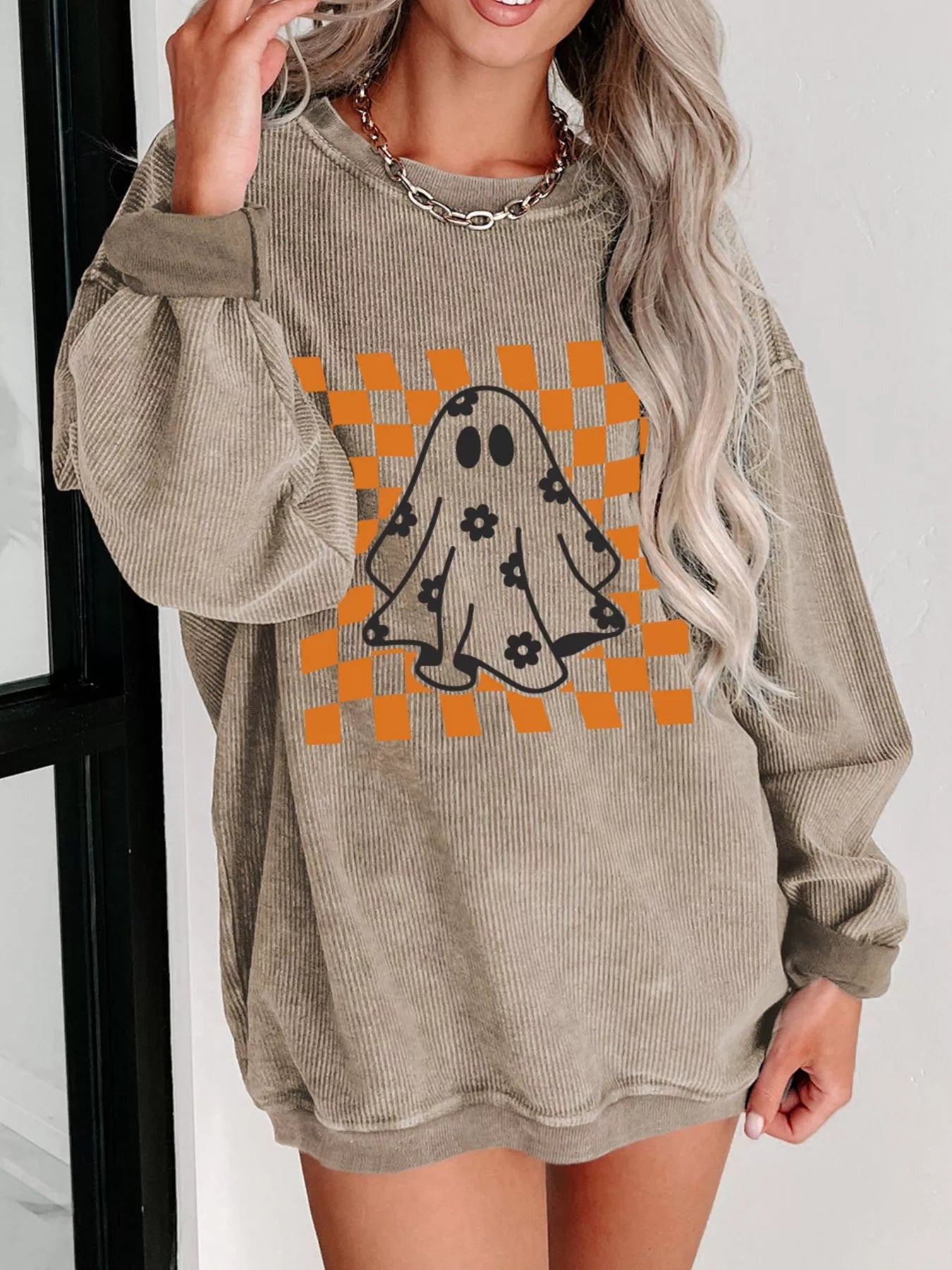 Halloween Checkerboard Ghost Corded Sweatshirt
