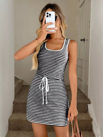 Women's Flowy Striped Knit Mini Dress with Drawstring - Mini Dresses