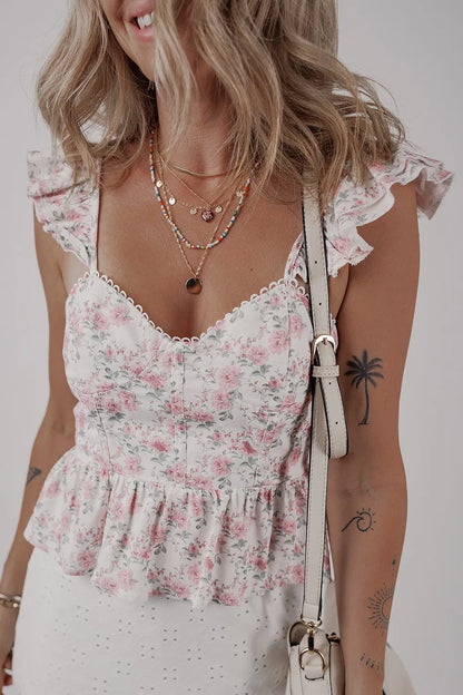 Floral Peplum Flutter Sleeves Tank Top - Blush Pink Tank Tops