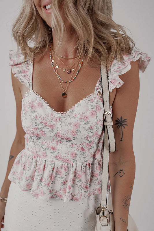Floral Peplum Flutter Sleeves Tank Top - Blush Pink Tank Tops